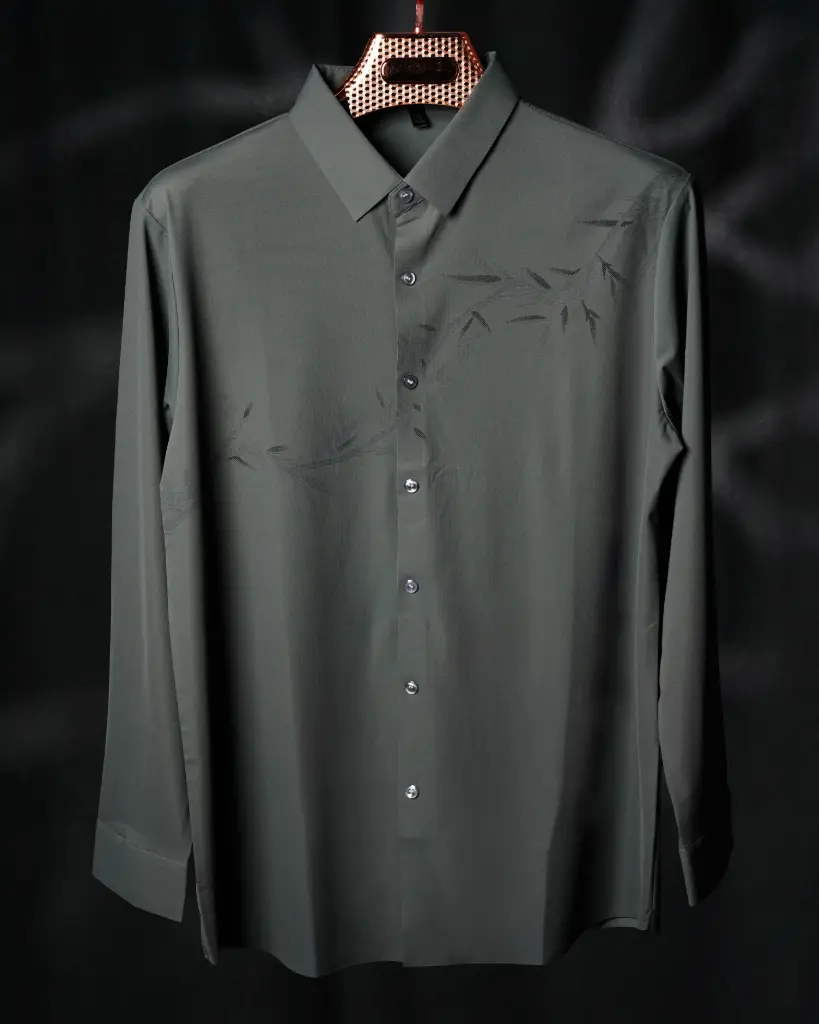 Long Sleeve-Dark Grey  Printed Button-Up Shirt